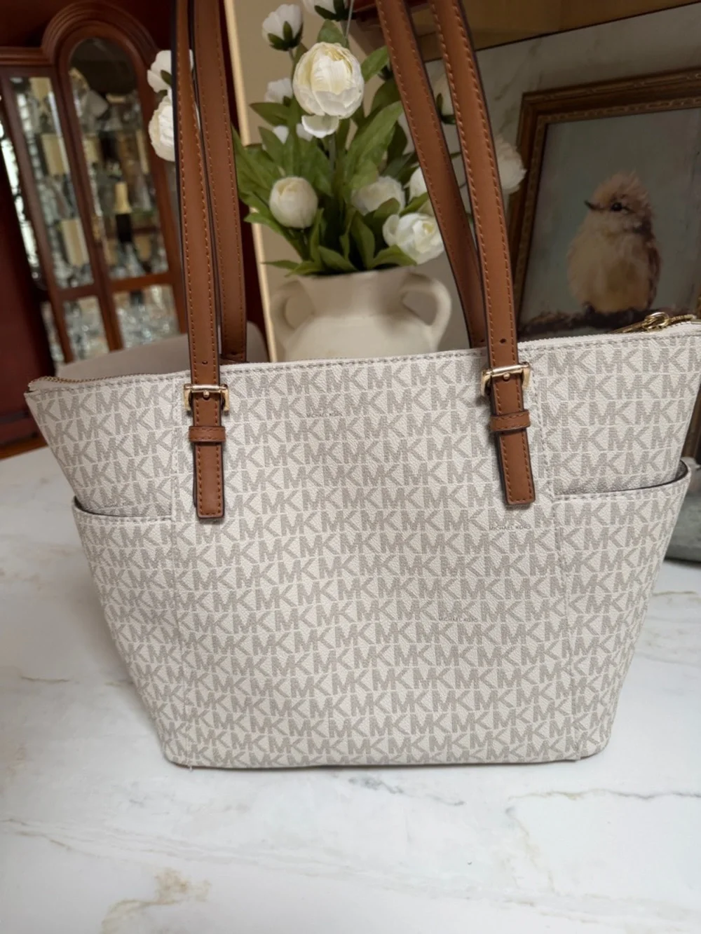 Michael Kors Cream Monogram Tote with Tan Leather Straps - Picture 7 of 14